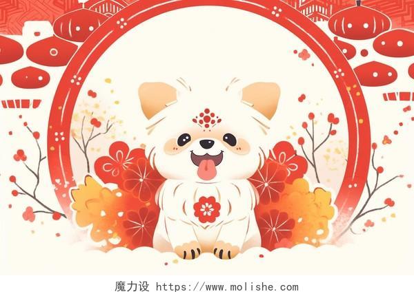 可爱小狗和红色灯笼卡通AI插画喜庆新年狗年背景